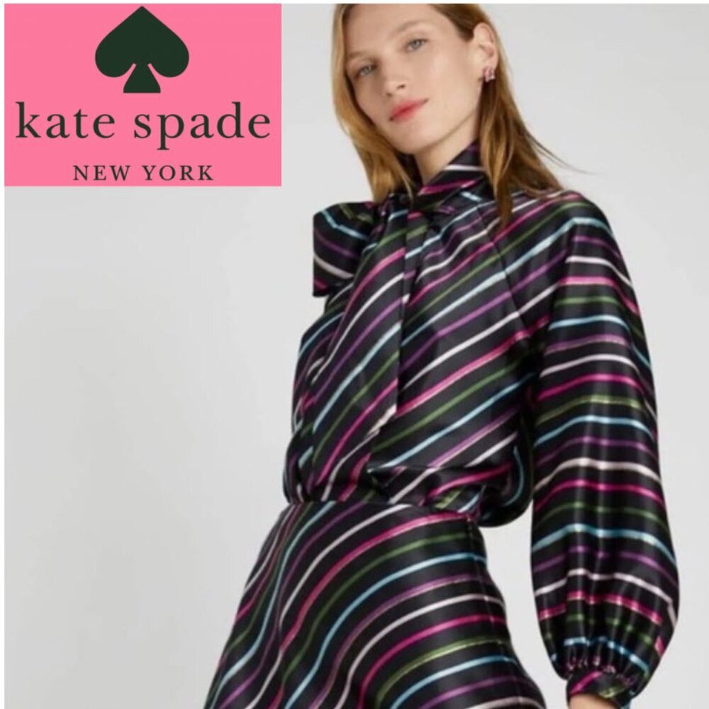 Kate Spade Party Stripe Metallic Tie Neck Blouse Multicolour Preppy Chic Luxury